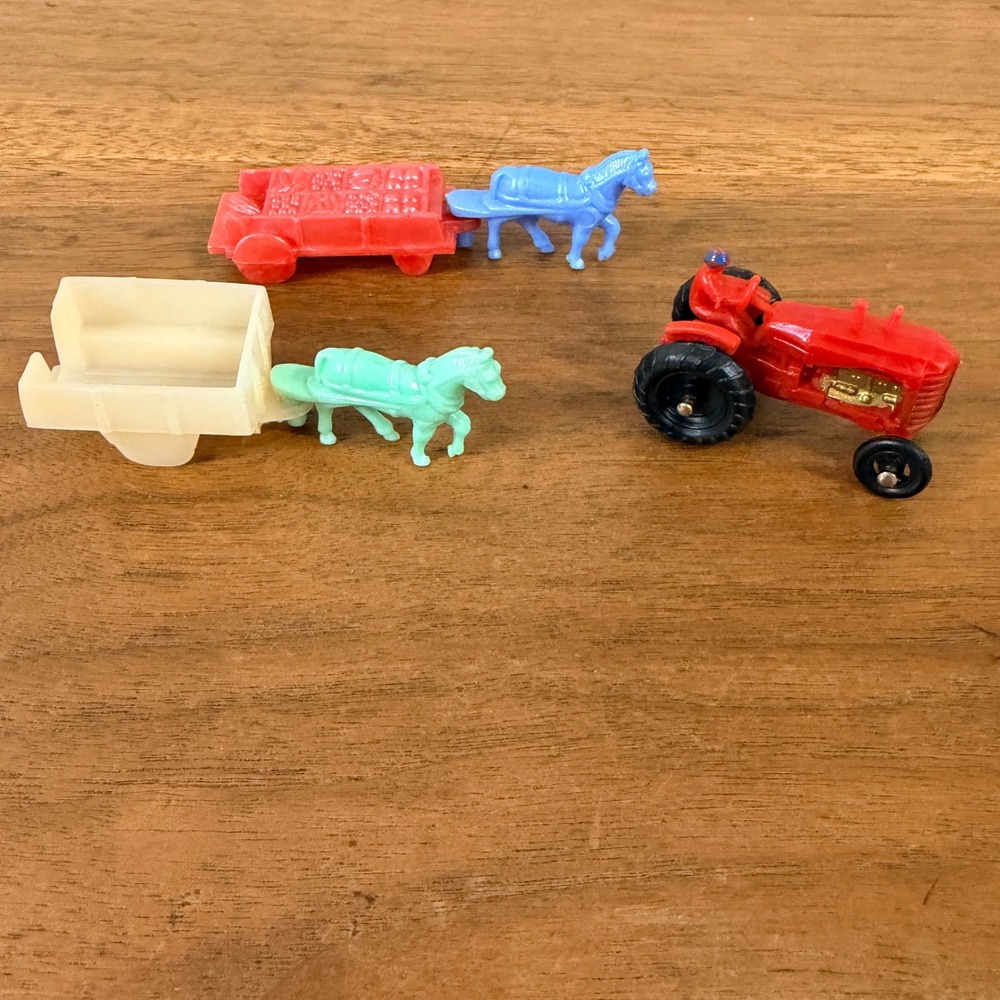 Vintage Tiny Miniature Plastic Farm Set Red Tractor Horse Drawn Wagons 5 Pc.